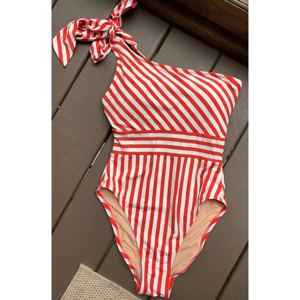 J. Crew Red Stripe One Shoulder Swimsuit, Size 6